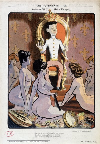 西班牙国王阿方索十三世的画像，在他的宝座上，周围都是裸体女人--由路易斯-马尔泰斯绘制，载于《玫瑰人生》21/9/1902。 作者 路易斯·马尔泰斯（Louis Malteste）