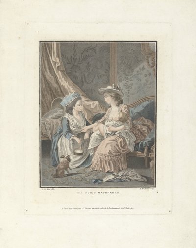 母亲带着孩子和女仆
Les soins maternels（物上标题） 作者 让·巴蒂斯特·休特 (le vieux)