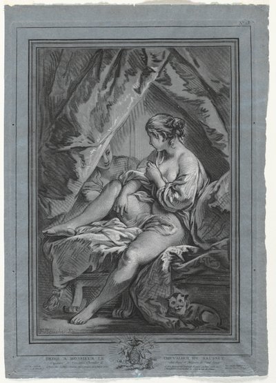 1764-1767年，坐在床上的年轻女子。 作者 路易·马林·邦内特