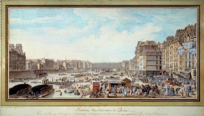 Louis Nicolas de Lespinasse（1734-1808 年）在巴黎水彩画中从旧马尔凯 aux veaux 向巴黎圣母院桥拍摄的鲸鱼港口视图。 1782. 巴黎，卡纳瓦莱博物馆 作者 路易斯·尼古拉斯·德·莱斯皮纳斯