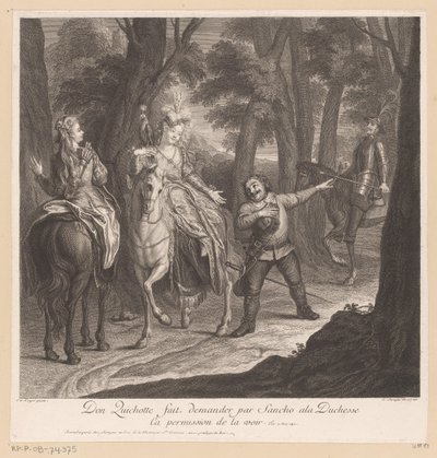 堂吉诃德让桑丘请求公爵夫人允许他去见她
Don Quichotte fait demander par Sancho ala Duchesse ca permission de la voir（标题见实物）
拉曼恰的堂吉诃德的历史》（丛书名） 作者 查尔斯·安托万·科佩尔