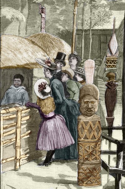 1889年世界博览会--荣军院广场上的卡纳克村（展览期间展出的卡纳克村：人类动物园）--路易-蒂纳尔（1861-1942）的绘画作品--载于1889年7月22日的《世界画报》。 作者 路易斯·蒂纳尔（Louis Tinayre）