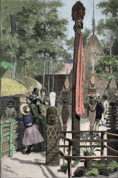 1889年世界博览会--荣军院广场上的卡纳克村（展览期间展出的卡纳克村：人类动物园）--路易-蒂纳尔（1861-1942）的绘画作品--载于1889年7月22日的《世界画报》。 作者 路易斯·蒂纳尔（Louis Tinayre）