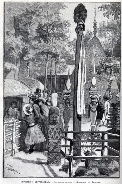 1889年世界博览会--荣军院广场上的卡纳克村（展览期间展出的卡纳克：人类动物园）。Louis Tinayre (1861-1942)的画作 - 载于1889年7月22日的 "插图世界"。 作者 路易斯·蒂纳尔（Louis Tinayre）