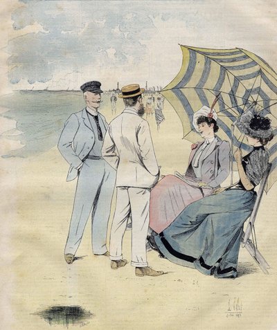 海水浴场：在海滩上。来自L. Vallet的水彩画。1892. 作者 路易斯·瓦莱特