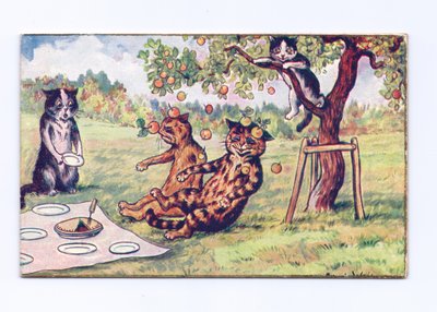 落在两只猫的applea一张维多利亚女王时代的贺卡在野餐，c.1880 作者 路易·韦恩