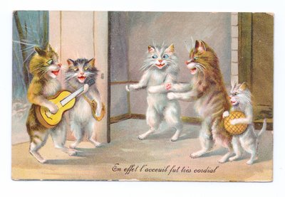 弹有三只其他猫和小猫的猫的爱德华七世时代的明信片吉他，c.1910 作者 路易·韦恩