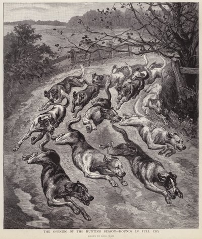 狩猎季节开始时，猎犬在欢呼雀跃（平版）。 作者 路易·韦恩