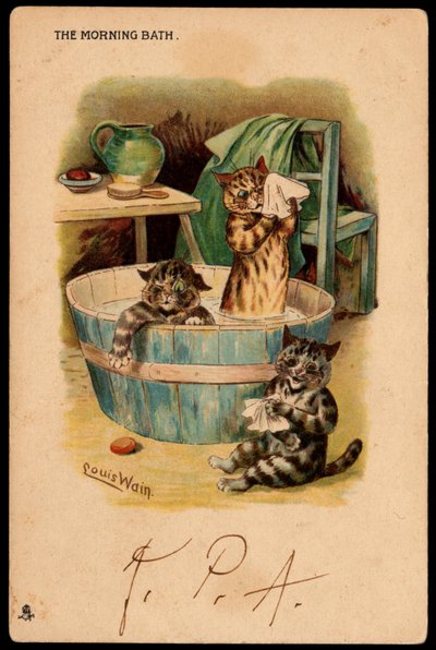 晨浴。动物在人类的姿势。猫在盆中洗澡。明信片。路易斯-韦恩（1860-1939）的彩色石版画，他是一位英国艺术家，以描绘大眼睛的猫咪而闻名。20世纪初。收集 作者 路易·韦恩