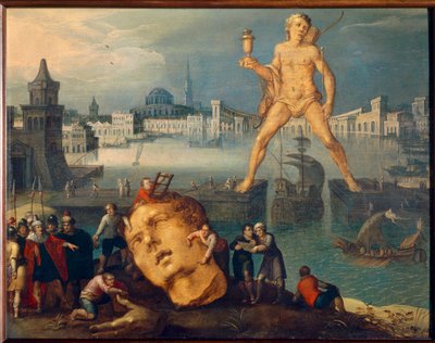 世界七大奇迹：“罗得岛巨像” (Colosso di Rodi) 由 Louis de Caullery（被称为列宁格勒草图大师）（大约 1580 年至 1621 年之后）绘画，17 世纪太阳。 0,35x0,46 米 作者 路易·德·考拉里