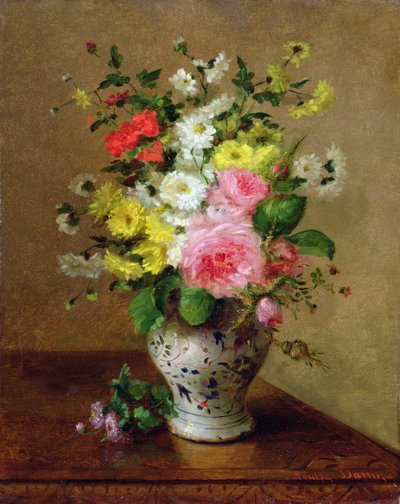 与花的静物画在花瓶，c.1866 作者 Louise Darru