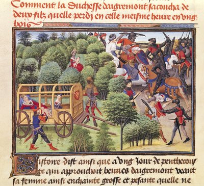 女士5072 f.6v Aigremont公爵夫人如何在Renaud de Montauban周期中生下两个儿子并在同一时间在木头上丢失它们 作者 洛伊塞特·利德