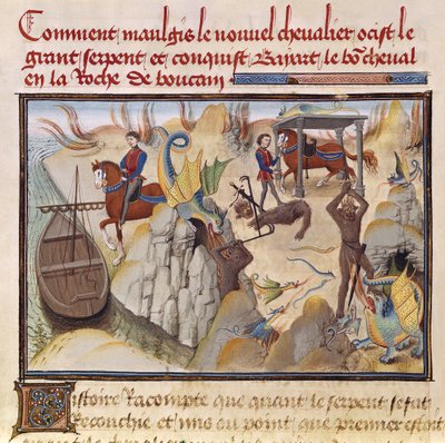 5072 fol.37v Maugis与Renaud de Montauban周期中的战斗蛇和获得魔法马，Bayard 作者 洛伊塞特·利德