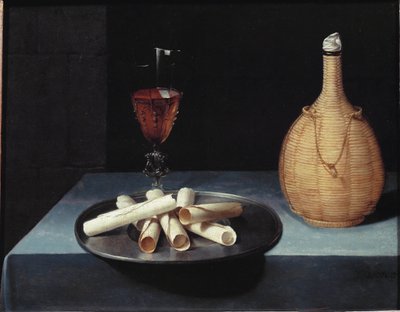 饼干、酒瓶和玻璃的静物威化甜点 — 布面油画 作者 鲁宾鲍金