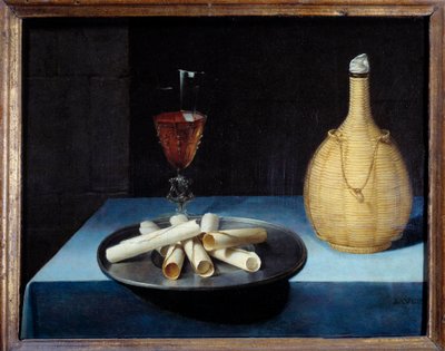 饼干、酒瓶和玻璃的静物威化甜点。 Lubin Baugin (1612-1663) 17 世纪太阳的绘画。 0,41x0,52 米。 作者 鲁宾鲍金