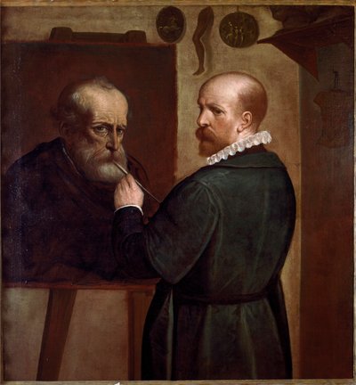 Self-portrait of the artist making the portrait of his father Painting by Luca Cambiaso (1527-1585) 1570 approx. Sun. 104x97 cm Genes, Musei di Strada Nuova 作者 卢卡·坎比亚索