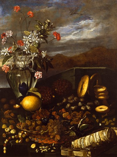 干果、花卉和风景静物，卢卡-福尔泰（1610-1670 年） 作者 Luca Forte