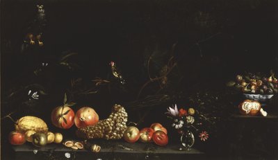 静物水果，花朵，鹰和金翅雀，1620-30年 作者 Luca Forte
