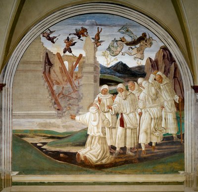 Life of Saint Benedict: “” How God Punishes Florent”” A monk tells the saint that Florent (Fiorenzo) died buried under the decompression of his house shot down by the demons. Fresco by Luca Signorelli (ca. 1445-1523) 作者 卢卡·西诺雷利（Luca Signorelli）