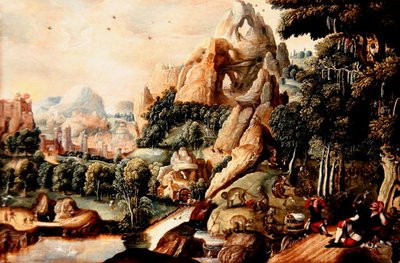 有猴子和人类的风景和神话中的城市（油画板）。 作者 Lucas (circle of) Gassel