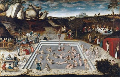 青春之泉 - 青春之泉，作者 Cranach, Lucas, the Elder (1472-1553)。 木头上的油 作者 老卢卡斯·克拉纳赫