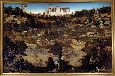 在托尔高城堡（德国）狩猎以纪念查理五世。 老卢卡斯·克拉纳赫 (Lucas Cranach the Elder) 的绘画 (1472-1553) 作者 老卢卡斯·克拉纳赫