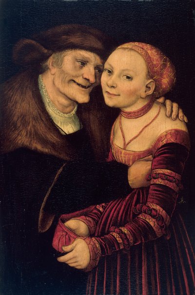 Le couple mal assorti - The Unqual Couple - Cranach, Lucas, the Elder (1472-1553) - 1517 - Mafuta pamitengo - 27,3x18 - Museu Nacional d