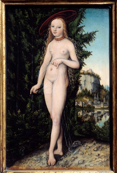 老卢卡斯·克拉纳赫 (Lucas Cranach the Elder) (1472-1553) 1529 年创作的山水画中的金星，木上油彩，暗淡。 0,38x0,25 m - 金星站在风景中。 老卢卡斯·克拉纳赫 (Lucas Cranach the Elder) 的绘画 (1472-1553) 作者 老卢卡斯·克拉纳赫