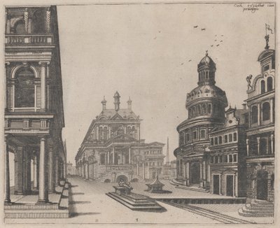 带有柱廊和圆形建筑的宫殿一角 作者 Lucas van Doetechum 和 Johannes