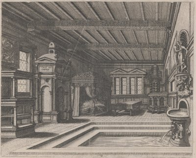 内部有自助餐、入口门和天棚床 作者 Lucas van Doetechum 和 Johannes