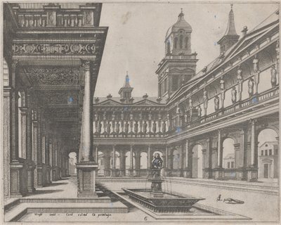 宫廷院子里的长方形盆地喷泉 作者 Lucas van Doetechum 和 Johannes