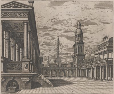 城镇广场，左边是柱廊 作者 Lucas van Doetechum 和 Johannes