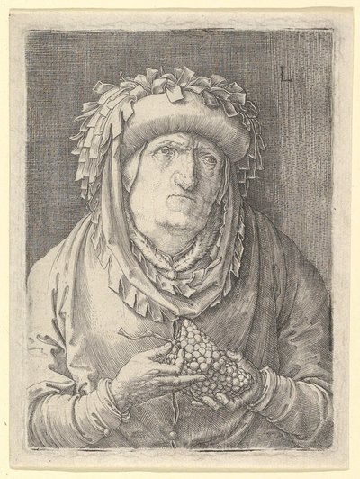 老妇人用葡萄，ca。 1523。 作者 卢卡斯·范·莱登