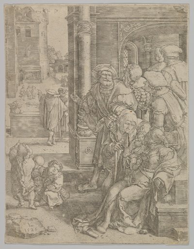 诗人维吉尔（Virgil）吊在篮子里，1525年。 作者 卢卡斯·范·莱登