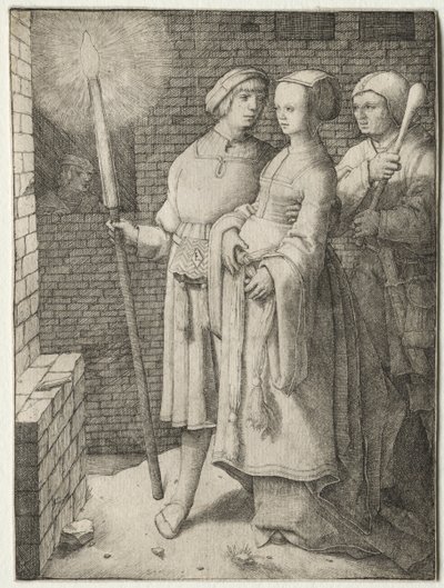 带火炬的男人和带傻瓜的女人c。 1508。 作者 卢卡斯·范·莱登