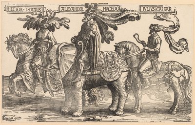 九个英雄：特洛伊·赫克托（Hector of Troy），马其顿亚历山大（Alexander of Macedon），凯撒大帝（Julius Caesar），1515-1517年。 作者 卢卡斯·范·莱登