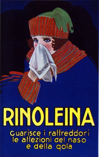 治疗感冒、喉咙痛和咳嗽的药物 Rinoleina 的广告。插图作者：Lucien Achille Mauzan（1883 - 1952 年）。 作者 卢西亚诺·阿奇勒·莫赞