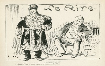 Le Rire 插图，07/27/12 - Confidence au bey - Colonization - Fallieres Armand (1813-1941)，Naceur Bey (Mohamed el-Naceur Bey) (1855-1922)（雕刻） 作者 露西安·梅蒂（Lucien Metivet）