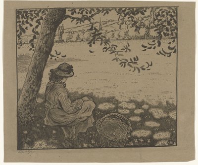 草地上树下的女孩 作者 卢西安·皮萨罗（Lucien Pissarro）