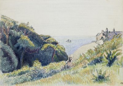 The Coastguards House，Ecclesbourne，1918年（笔和灰色墨水和彩色蜡笔在美纹纸上） 作者 卢西安·皮萨罗（Lucien Pissarro）