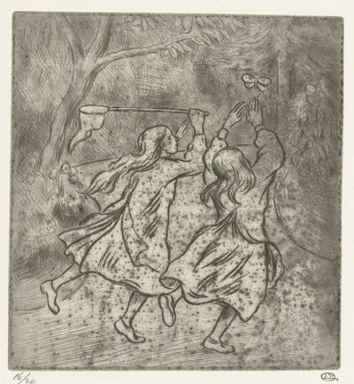 两个女孩在捉蝴蝶 作者 卢西安·皮萨罗（Lucien Pissarro）