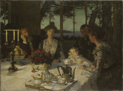 Parler dans le crepuscule - 黄昏中的谈话，Simon, Lucien (1861-1945)。 布面油画。 尺寸：140x190 厘米。 斯德哥尔摩国家博物馆 作者 露西蒙·西蒙（Lucien Simon）