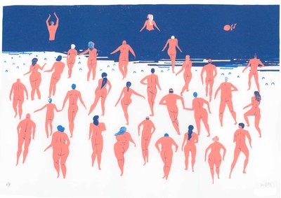 裸体海滩奔跑》，2016 年（丝网版画） 作者 露西·巴纳吉