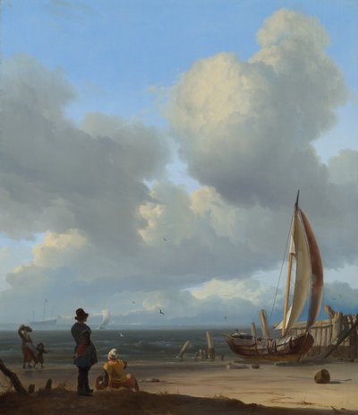 荷兰语: Zeegezicht met figuren bij een vissersboot op het strand 惠斯杜伊宁附近海岸上的一幅广阔的海景画，画中有一艘小船旁的人物。 作者 鲁道夫·巴克惠曾