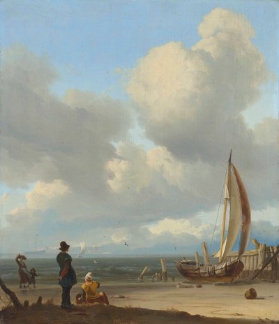 荷兰语: Zeegezicht met figuren bij een vissersboot op het strand 惠斯杜伊宁附近海岸上的一幅广阔的海景画，画中有一艘小船旁的人物。 作者 鲁道夫·巴克惠曾
