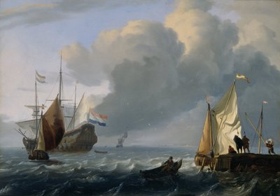 近海的荷兰护卫舰和其他船只，约 1690 年（橡木板上油画） 作者 鲁道夫·巴克惠曾