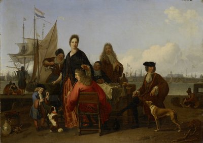 Bakhuysen 和 de Hooghe 家族在阿姆斯特丹 Y 河的 Mosselsteiger（贻贝码头）用餐 作者 Ludolf Bakhuysen（艺术家签名）