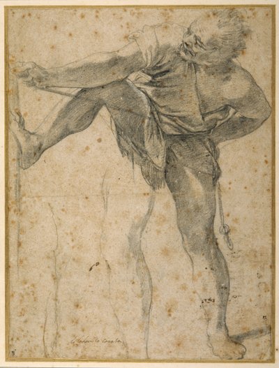 Man pulling on a rope, his left leg rehearsed a second time (black chalk on paper) 作者 卢多维科·卡拉奇（Ludovico Carracci）