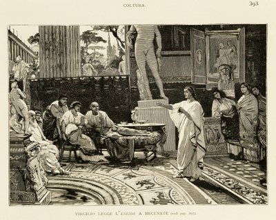 Maecenas 聆听维吉尔朗读《埃涅伊德》，Lodovico Pogliaghi（1857-1950 年）为 Francesco Bertolini（1836-1909 年）所著《罗马早期历史》绘制的插图，Fratelli Treves 版，米兰 作者 卢多维科（Ludovico Pogliaghi）