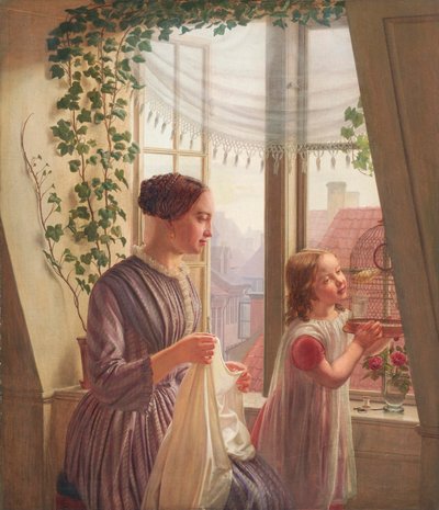 与母亲和女儿的内部由窗口，1853年 作者 路德维格·奥古斯特·史密斯